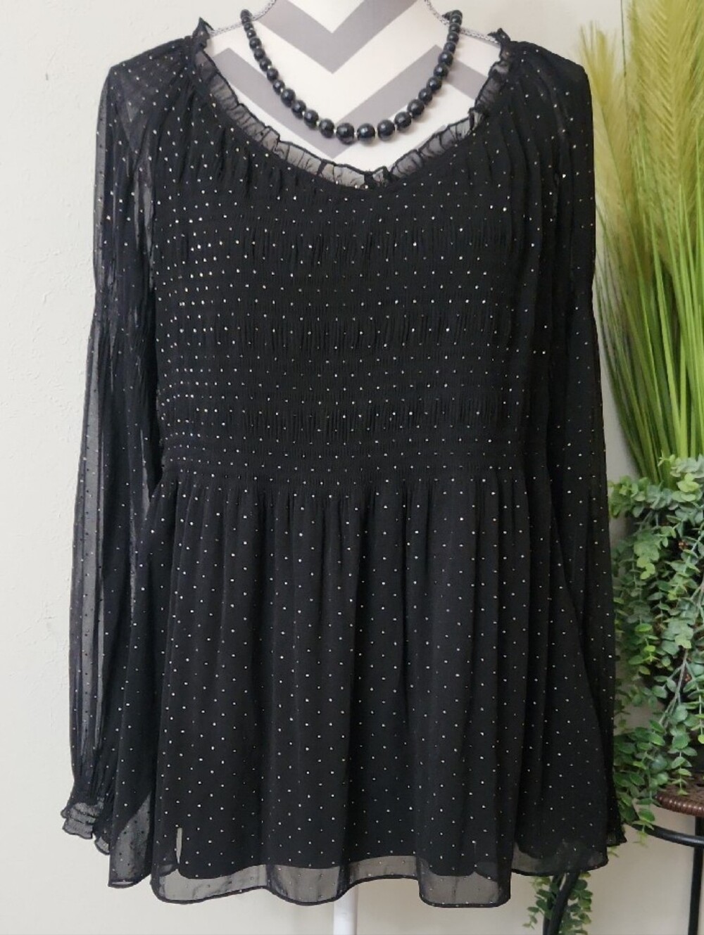 Sunny Leigh Black Long-Sleeve Smocked Polka Dot Peplum Top
